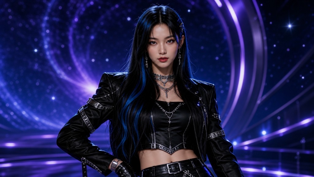 AURA — Leader of ATLAS 5. sleek black hair with electric-blue accents, structured black futuristic styling, confident leader energy.
