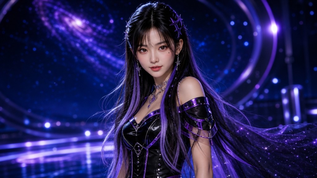 LUNA — Dream of ATLAS 5. long dark hair with lavender accents, graceful expression, soft black/violet styling.