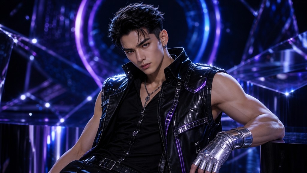 ORION — Power of ATLAS 5. dark styled hair, athletic power, black futuristic styling, silver glove detail.
