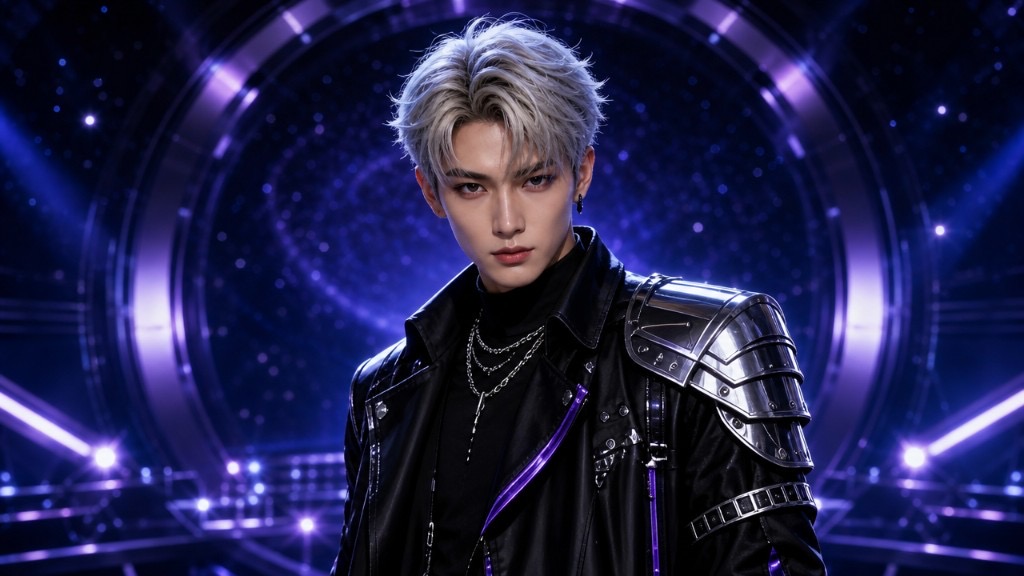 VEGA — Center of ATLAS 5. silver-blond hair, long black futuristic coat, calm intense expression, center-stage presence.